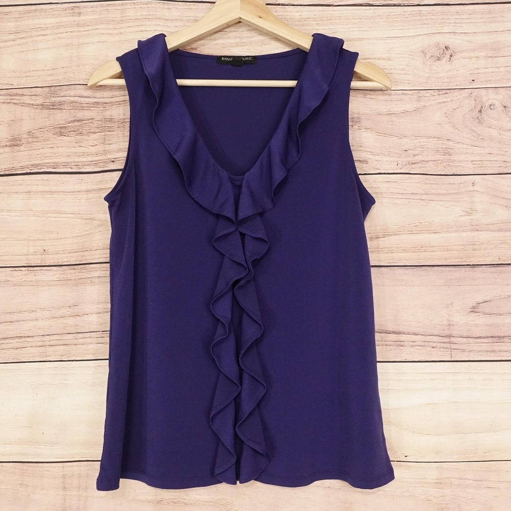 Banana Republic Tank Womens S Purple V-Neck Sleeveless Ruffle Stretch Knit Top